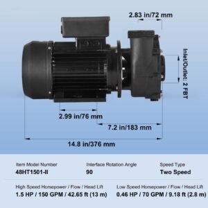 2 speed spa pump, 48 frame, ac 110 120v hot tub spa pump, 1.5hp/150gpm/42.65ft high speed or 0.46hp/70gpm/9.18ft low speed, 2" port 90° rotational interface for hot tub, tested to ul standards