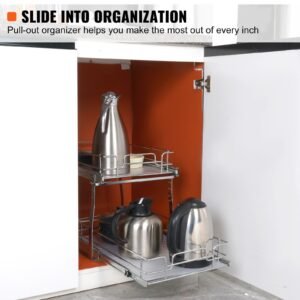 2 tier 14"wx21"dx15"h pull out cabinet organizer, heavy duty slide out pantry shelves, steel roll out drawers, sliding drawer storage for home, 15.5"wx22"dx18"h install size for cabinet