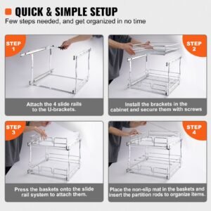 2 tier 14"wx21"dx15"h pull out cabinet organizer, heavy duty slide out pantry shelves, steel roll out drawers, sliding drawer storage for home, 15.5"wx22"dx18"h install size for cabinet
