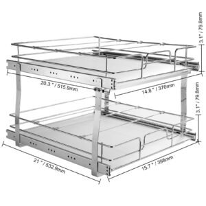 2 tier 17"wx21"dx15"h pull out cabinet organizer, heavy duty slide out pantry shelves, steel roll out drawers, sliding drawer storage for home, 18.5"wx22"dx18"h install size for cabinet
