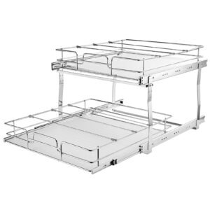 2 tier 17"wx21"dx15"h pull out cabinet organizer, heavy duty slide out pantry shelves, steel roll out drawers, sliding drawer storage for home, 18.5"wx22"dx18"h install size for cabinet