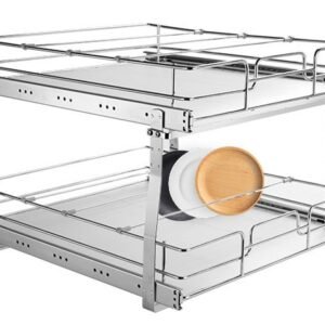 2 tier 20"wx21"dx15"h pull out cabinet organizer, heavy duty slide out pantry shelves, steel roll out drawers, sliding drawer storage for home, 21.5"wx22"dx18"h install size for cabinet