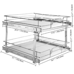 2 tier 20"wx21"dx15"h pull out cabinet organizer, heavy duty slide out pantry shelves, steel roll out drawers, sliding drawer storage for home, 21.5"wx22"dx18"h install size for cabinet