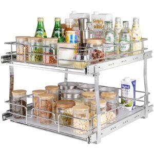 2 tier 20"wx21"dx15"h pull out cabinet organizer, heavy duty slide out pantry shelves, steel roll out drawers, sliding drawer storage for home, 21.5"wx22"dx18"h install size for cabinet