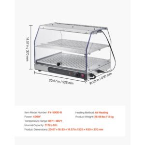 2 tier commercial food warmer display, 450w food display warmer with light, detachable shelves and double sided door design, 85 185 f air heating, 48l for hamburger, pizza, bread, fried chicken