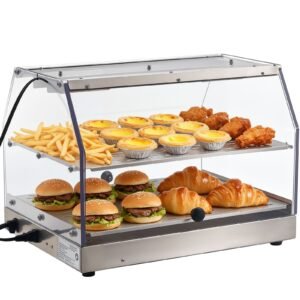 2 tier commercial food warmer display, 450w food display warmer with light, detachable shelves and double sided door design, 85 185 f air heating, 48l for hamburger, pizza, bread, fried chicken