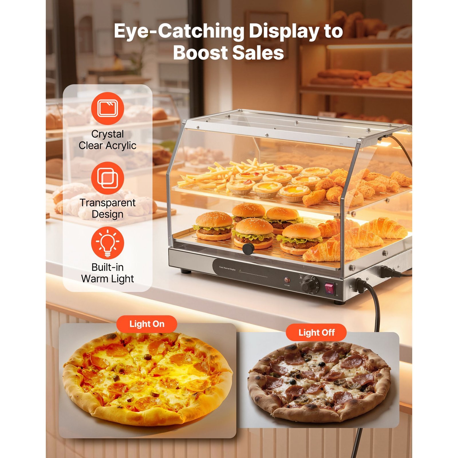 2 tier commercial food warmer display, 450w food display warmer with light, detachable shelves and double sided door design, 85 185 f air heating, 48l for hamburger, pizza, bread, fried chicken