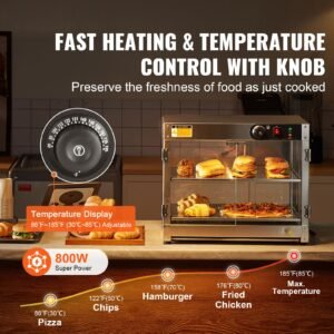 2 tier commercial food warmer display, 800w food display warmer with light to enhance food display, 86 185 f temperature control, 58l large capacity for hamburger, pizza, bread, fried chicken