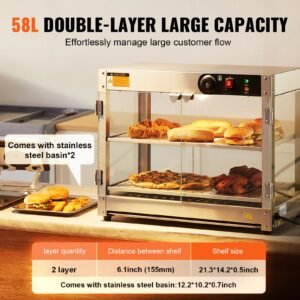 2 tier commercial food warmer display, 800w food display warmer with light to enhance food display, 86 185 f temperature control, 58l large capacity for hamburger, pizza, bread, fried chicken