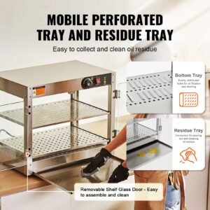 2 tier commercial food warmer display, 800w food display warmer with light to enhance food display, 86 185 f temperature control, 58l large capacity for hamburger, pizza, bread, fried chicken