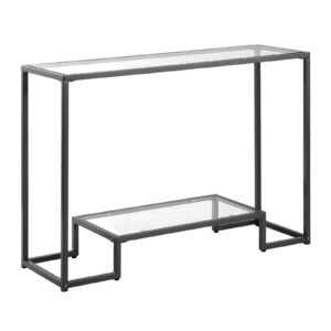 2-Tier Glass Console Table, Modern Rectangle Sofa Side Table with Tempered Glass Top and Iron Legs, Golden Consloe Desk with Anti-Tip Device for Living Room, Hallway, Entryway, Foyer, Black