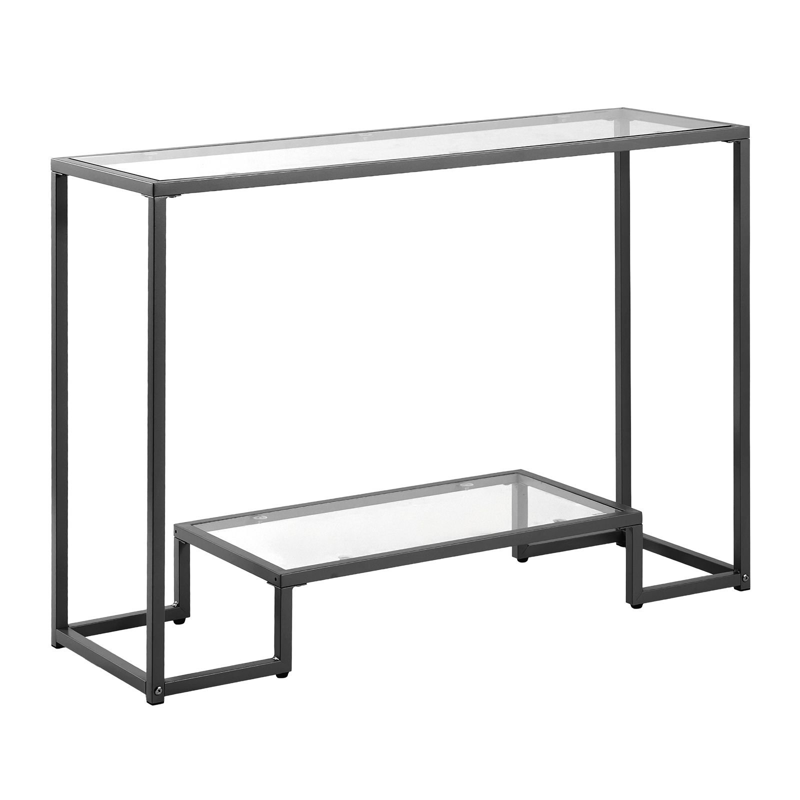 2 tier glass console table, modern rectangle sofa side table with tempered glass top and iron legs, golden consloe desk with anti tip device for living room, hallway, entryway, foyer, black