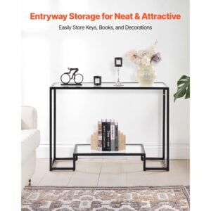 2 tier glass console table, modern rectangle sofa side table with tempered glass top and iron legs, golden consloe desk with anti tip device for living room, hallway, entryway, foyer, black