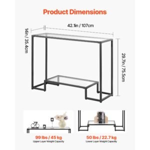 2 tier glass console table, modern rectangle sofa side table with tempered glass top and iron legs, golden consloe desk with anti tip device for living room, hallway, entryway, foyer, black