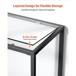 2 tier glass console table, modern rectangle sofa side table with tempered glass top and iron legs, golden consloe desk with anti tip device for living room, hallway, entryway, foyer, black