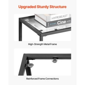2 tier glass console table, modern rectangle sofa side table with tempered glass top and iron legs, golden consloe desk with anti tip device for living room, hallway, entryway, foyer, black