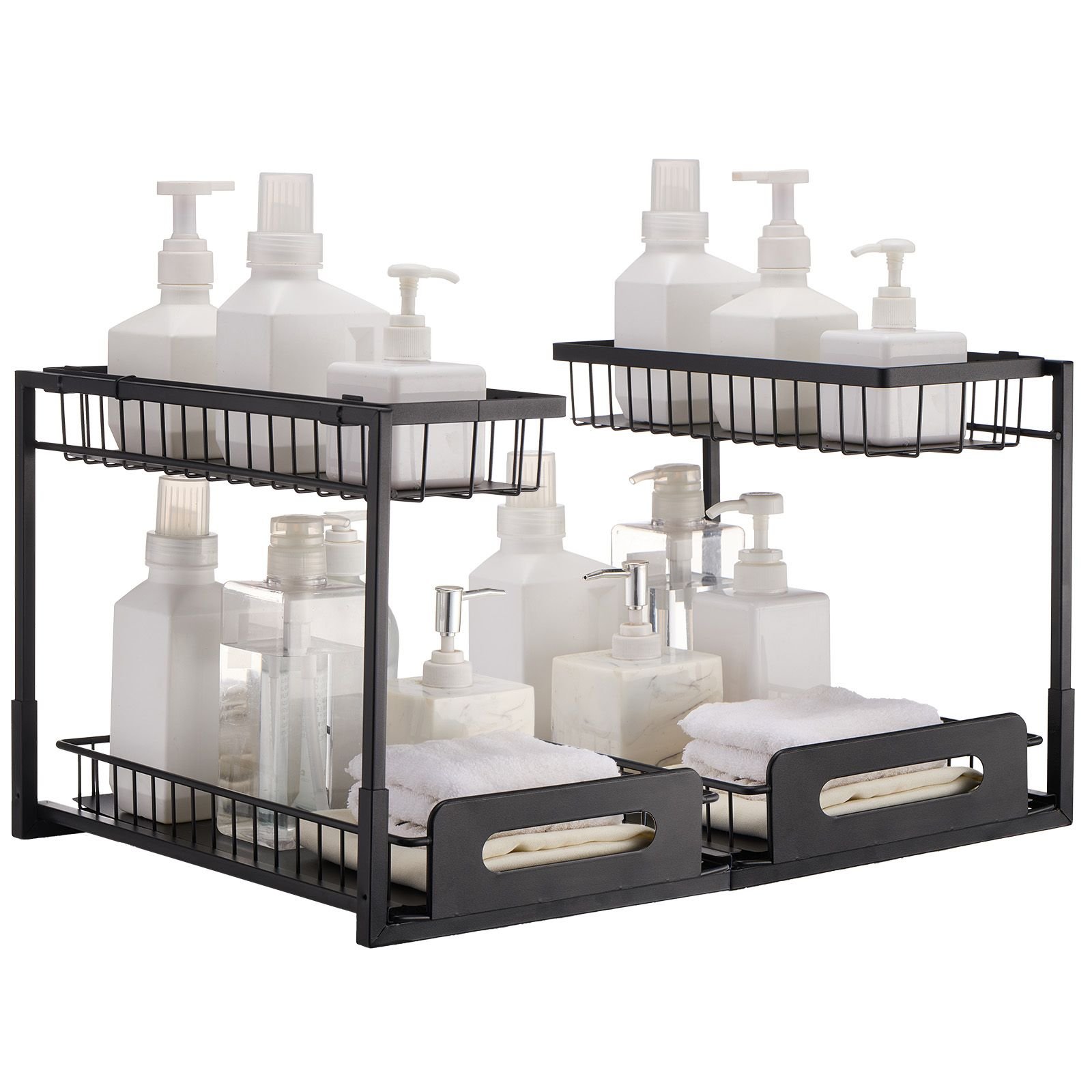 2 tier pull out cabinet organizer(10.7"w x 14.2"d ), under sink organizer and storage, slide out drawer cabinet organizer, wire basket shelf, 25.5"wx15.5"dx13"h install size for cabinet (2 pack)