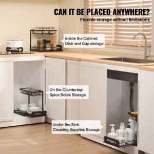 2 tier pull out cabinet organizer(10.7"w x 14.2"d ), under sink organizer and storage, slide out drawer cabinet organizer, wire basket sliding shelf, 12.5"wx15.5"dx13"h install size for cabinet