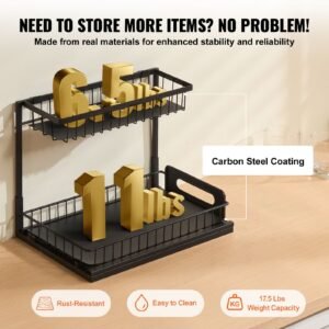 2 tier pull out cabinet organizer(10.7"w x 14.2"d ), under sink organizer and storage, slide out drawer cabinet organizer, wire basket sliding shelf, 12.5"wx15.5"dx13"h install size for cabinet