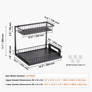 2 tier pull out cabinet organizer(10.7"w x 14.2"d ), under sink organizer and storage, slide out drawer cabinet organizer, wire basket sliding shelf, 12.5"wx15.5"dx13"h install size for cabinet