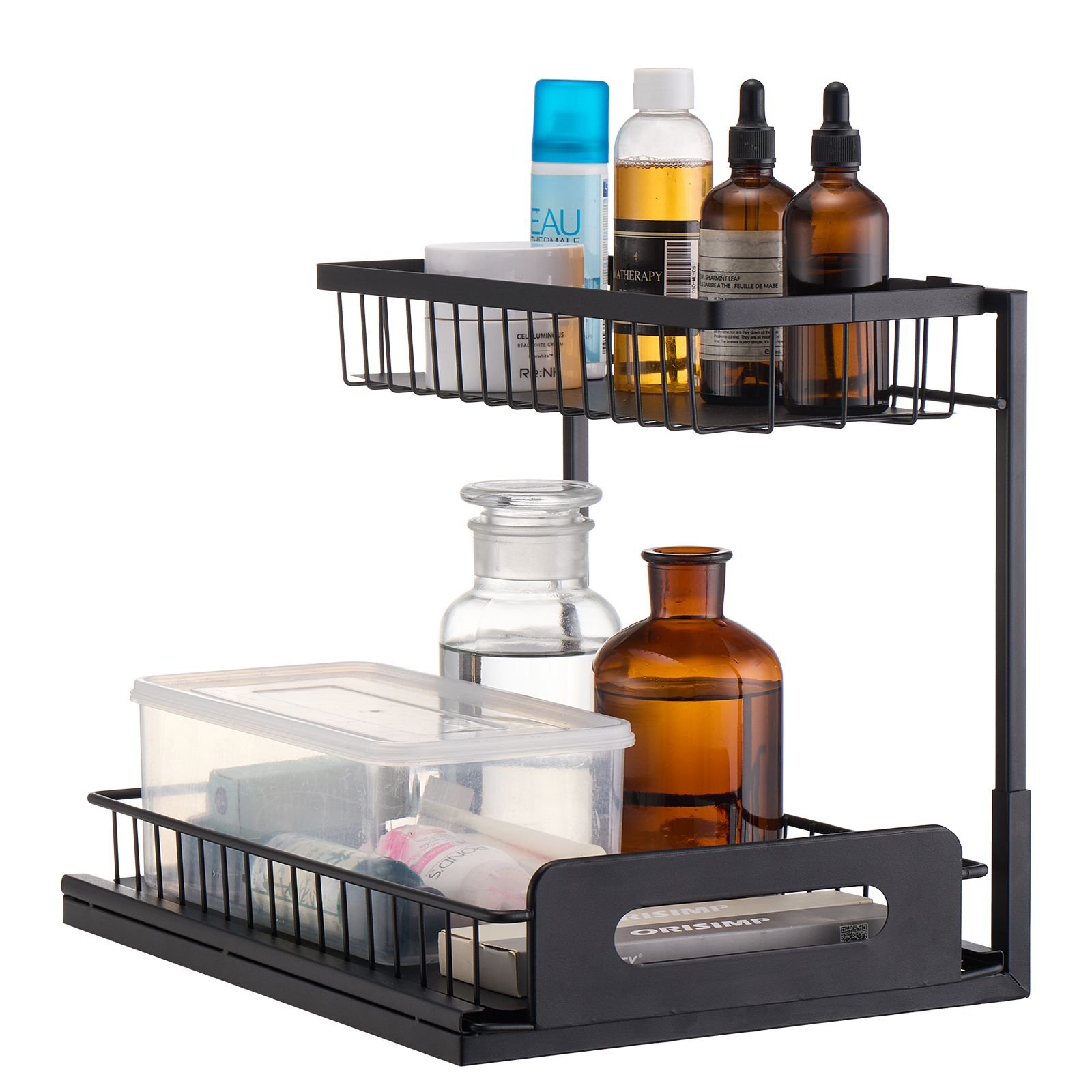 2 tier pull out cabinet organizer(10.7"w x 14.2"d ), under sink organizer and storage, slide out drawer cabinet organizer, wire basket sliding shelf, 12.5"wx15.5"dx13"h install size for cabinet