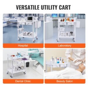 2 tiers lab carts, lab utility cart with 2 trays, 2 drawers & 4 silent wheels, mobile medical cart with pp material, lab rolling cart with 3 trash cans for lab, clinic, hospital, salon, white