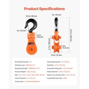 2 ton snatch block with swivel hook, 3" sheave 3/8" inch wire rope, heavy duty snatch block pulley 4400 lbs for towing and recovery operations on tow truck rollback wrecker car hauler winches