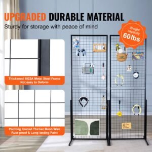 2' x 5.6' grid wall panels tower, 2 packs wire gridwall display racks with t base floorstanding, double side gridwall panels for art craft shows, retail display with extra clips and hooks