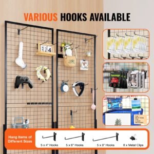 2' x 5.6' grid wall panels tower, 2 packs wire gridwall display racks with t base floorstanding, double side gridwall panels for art craft shows, retail display with extra clips and hooks