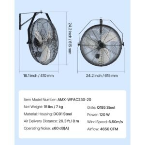 20 inch industrial wall mount fan, high velocity 4650 cfm indoor fan with 3 speeds, powerful motor garage wall fan with aluminum blades for workshop, warehouse, greenhouse, commercial