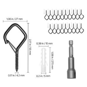 20 pcs q hanger hooks, 2.17 in q hanger string light hooks outdoor, heavy duty outdoor screw hooks with security buckle, for hanging outdoor string lights, christmas lights, cups, decors (black)