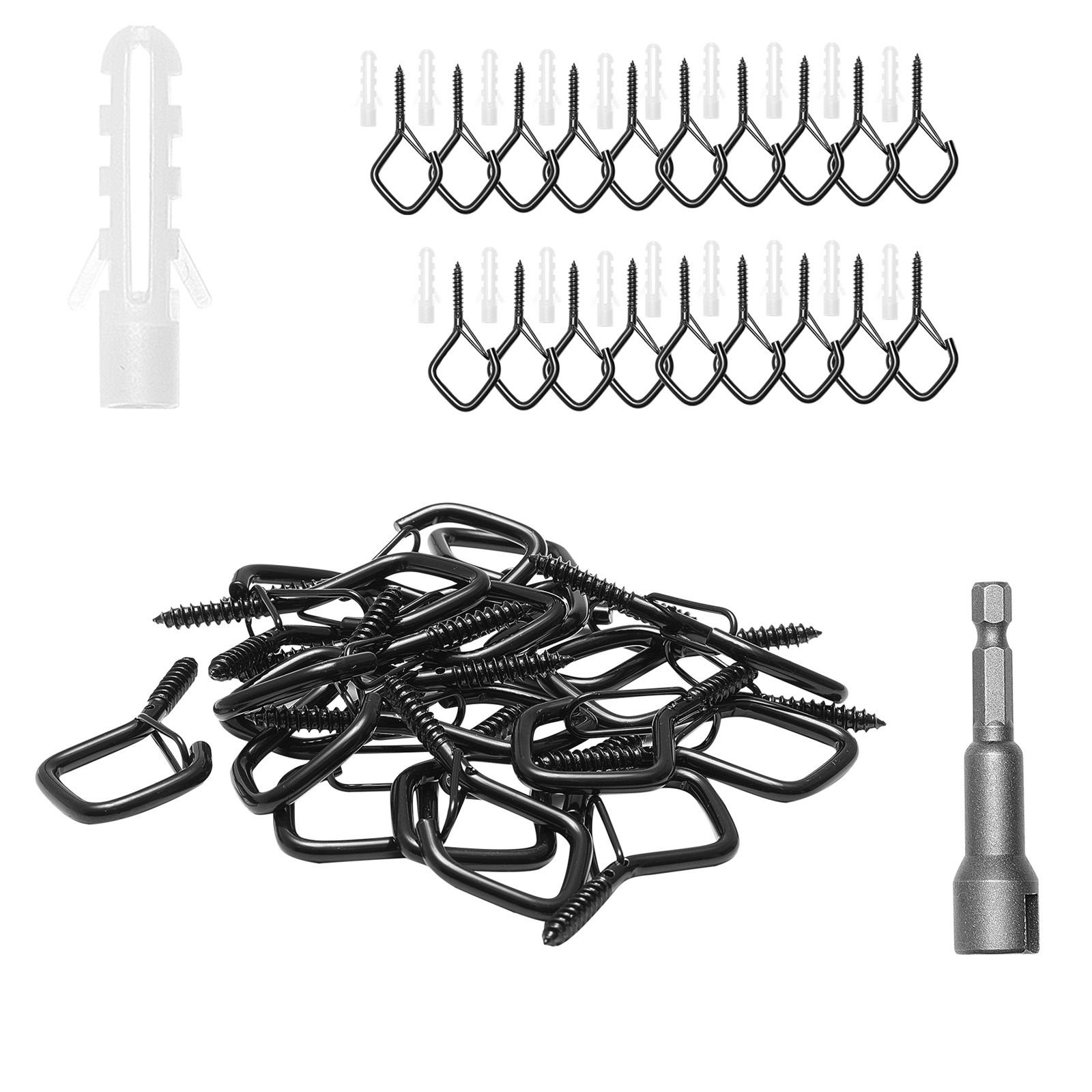 20 pcs q hanger hooks, 2.17 in q hanger string light hooks outdoor, heavy duty outdoor screw hooks with security buckle, for hanging outdoor string lights, christmas lights, cups, decors (black)