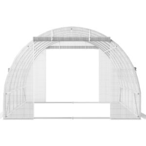 20 x 10 x 7 ft walk in tunnel greenhouse, portable plant hot house with galvanized steel hoops, 3 top beams, diagonal poles, 2 zippered doors & 12 roll up windows, white