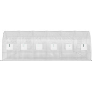 20 x 10 x 7 ft walk in tunnel greenhouse, portable plant hot house with galvanized steel hoops, 3 top beams, diagonal poles, 2 zippered doors & 12 roll up windows, white