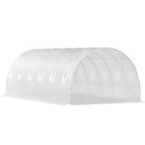 20 x 10 x 7 ft walk in tunnel greenhouse, portable plant hot house with galvanized steel hoops, 3 top beams, diagonal poles, 2 zippered doors & 12 roll up windows, white