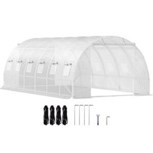 20 x 10 x 7 ft Walk-in Tunnel Greenhouse, Portable Plant Hot House with Galvanized Steel Hoops, 3 Top Beams, Diagonal Poles, 2 Zippered Doors & 12 Roll-up Windows, White