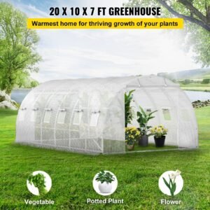 20 x 10 x 7 ft walk in tunnel greenhouse, portable plant hot house with galvanized steel hoops, 3 top beams, diagonal poles, 2 zippered doors & 12 roll up windows, white