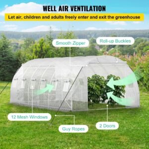 20 x 10 x 7 ft walk in tunnel greenhouse, portable plant hot house with galvanized steel hoops, 3 top beams, diagonal poles, 2 zippered doors & 12 roll up windows, white