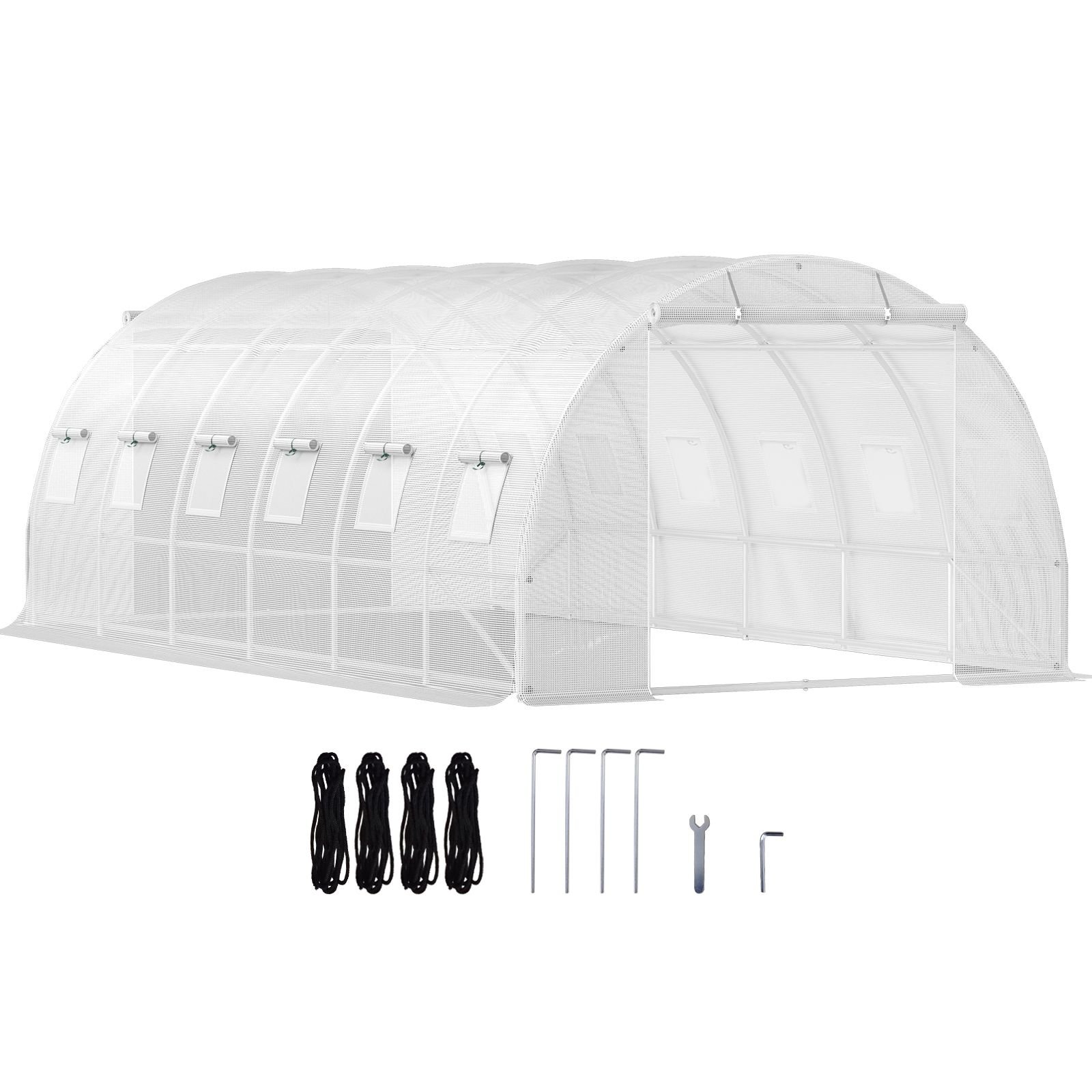 20 x 10 x 7 ft walk in tunnel greenhouse, portable plant hot house with galvanized steel hoops, 3 top beams, diagonal poles, 2 zippered doors & 12 roll up windows, white