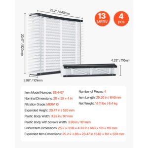20 x 25 x 4 furnace filter, merv 13 hvac ac filters,12 month electrostatic pleated air conditioner filters, 4 pack (actual size: 20.47 x 25.20 x 3.98 inch) for capturing dust, smog, pet dander