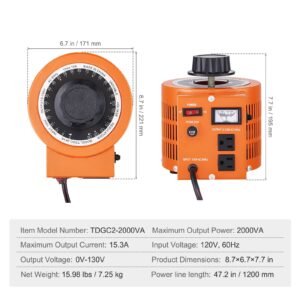 2000va auto variable voltage transformer, 15.3 amp, 110v input 0 130v output ac voltage regulator power supply, with 4 extra fuses thermal control switch for home industrial office