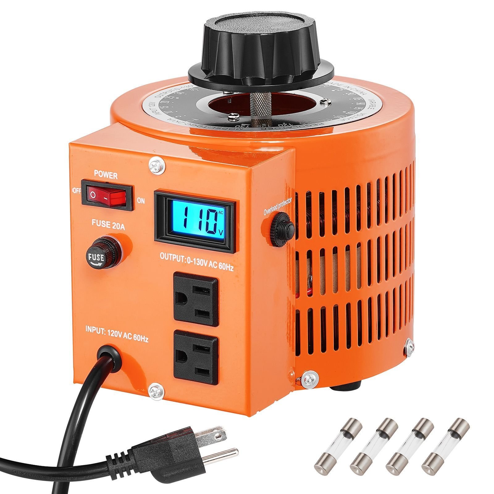 2000va auto variable voltage transformer, 15.3 amp, 110v input 0 130v output ac voltage regulator, with lcd display 4 extra fuses thermal control switch for home industrial office