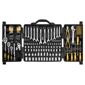207 piece mechanics tool set, 1/4" 3/8" 1/2" drive sockets, sae and metric mechanic tool kit with bits, wrenches, ratchet handle, accessories, and plastic storage case, for automotive repair