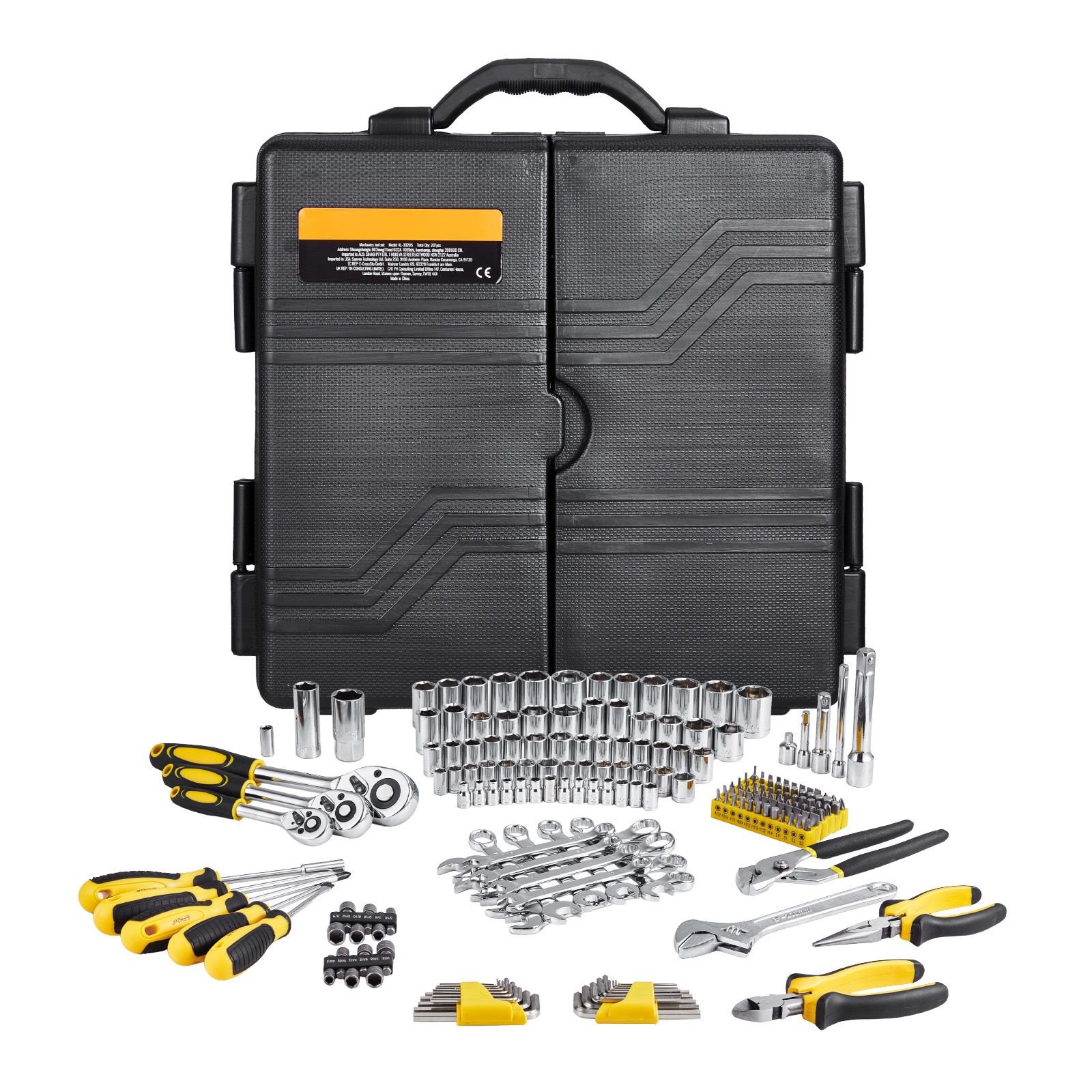 207 piece mechanics tool set, 1/4" 3/8" 1/2" drive sockets, sae and metric mechanic tool kit with bits, wrenches, ratchet handle, accessories, and plastic storage case, for automotive repair