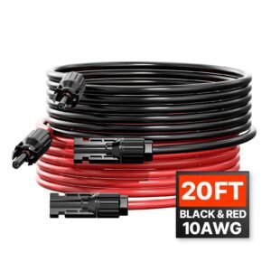 20ft solar panel extension cable, 10awg solar extension cable wire with female & male waterproof connectors, 6mm² pv cable for home, ship and rv solar panels, 20ft black + 20ft red (set of 2)