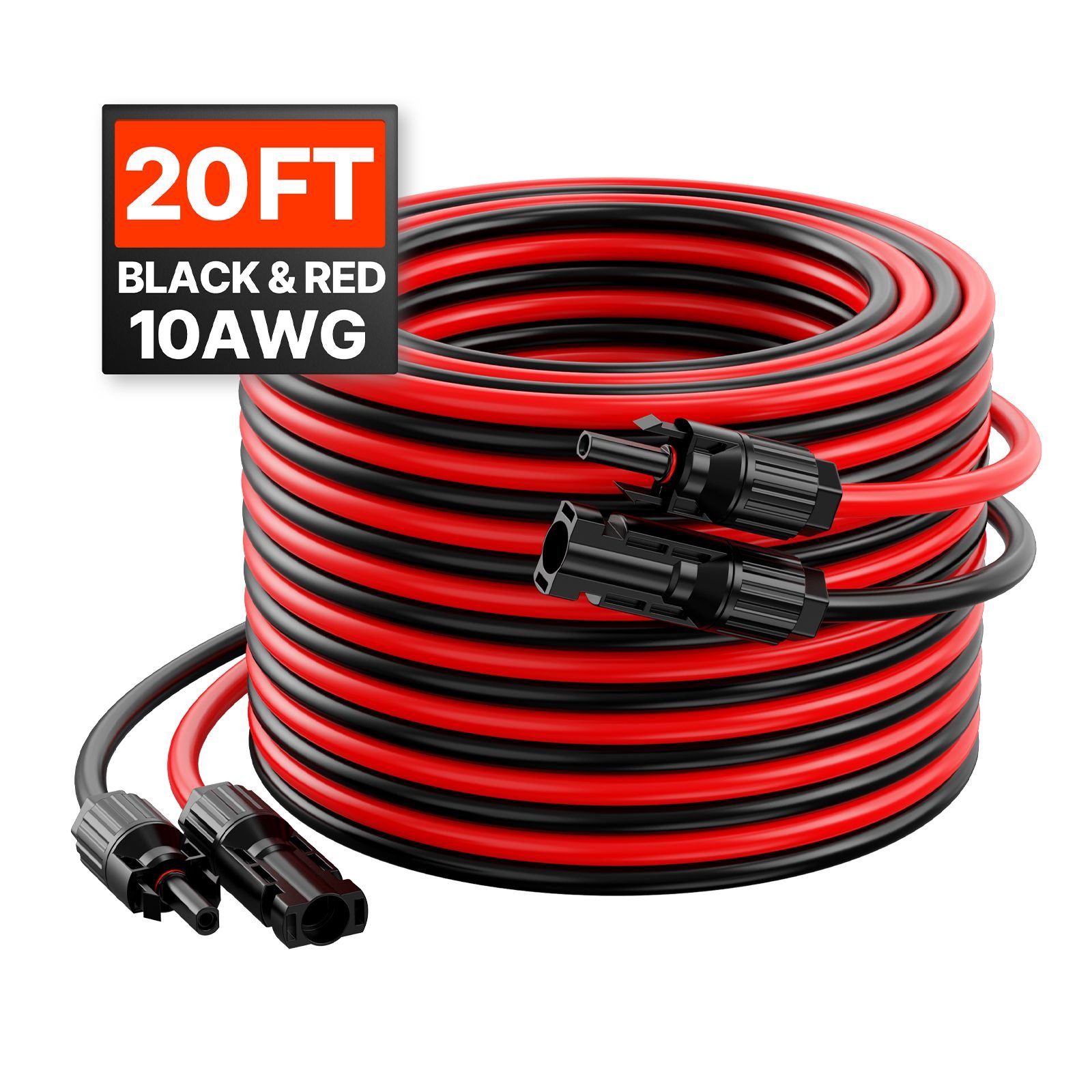20ft solar panel extension cable, 10awg solar extension cable wire with female & male waterproof connectors, 6mm² pv cable for home, ship and rv solar panels, 20ft black + 20ft red (set of 2)