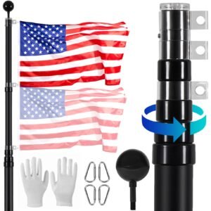 20ft telescoping flag pole kit, heavy duty aluminum alloy in ground flag poles for outside, 3 display modes flagpole with 3x5 american flag, professional accessories, black