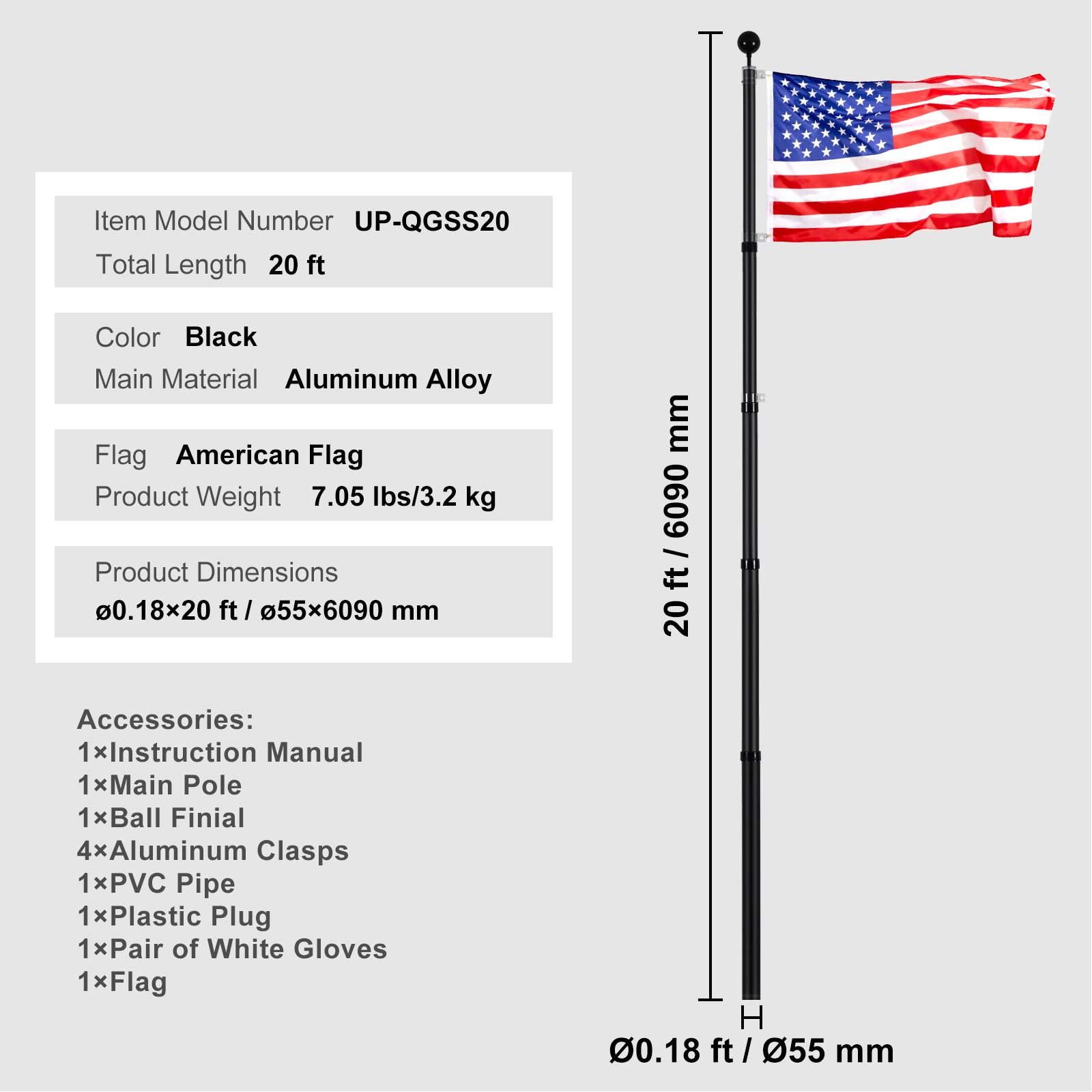 20ft telescoping flag pole kit, heavy duty aluminum alloy in ground flag poles for outside, 3 display modes flagpole with 3x5 american flag, professional accessories, black