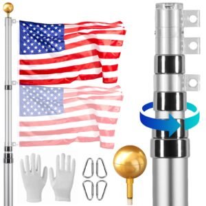 20FT Telescoping Flag pole Kit, Heavy Duty Aluminum Alloy in Ground Flag Poles for Outside, 3 Display Modes Flagpole with 3x5 American Flag, Professional Accessories, Silver