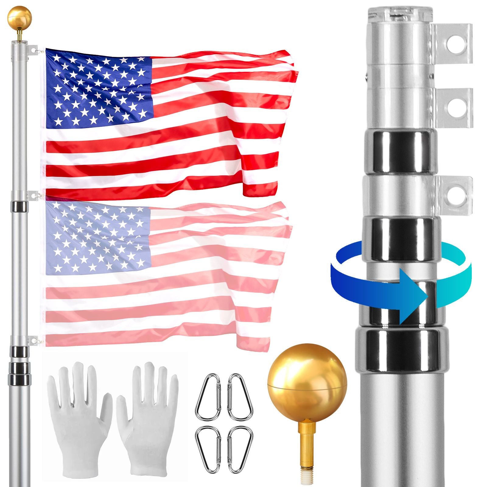 20ft telescoping flag pole kit, heavy duty aluminum alloy in ground flag poles for outside, 3 display modes flagpole with 3x5 american flag, professional accessories, silver